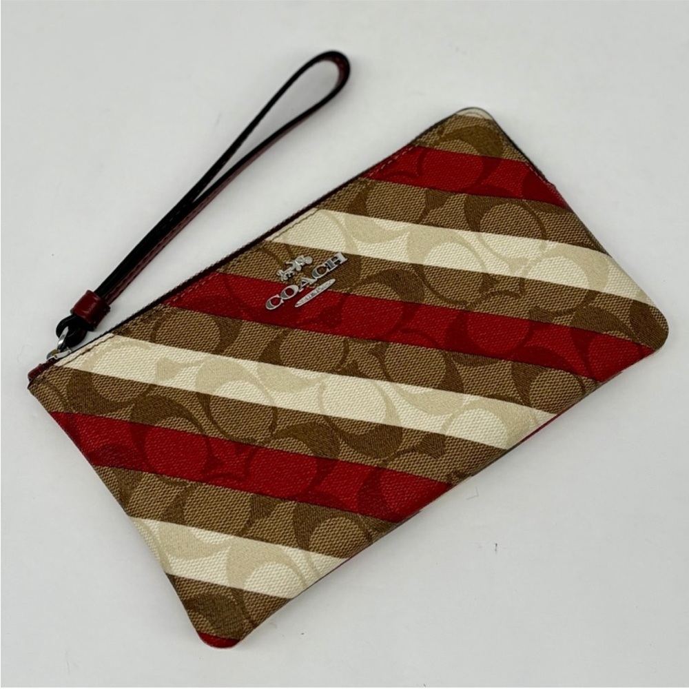 Coach Large Corner Zip Wristlet In Signature Canvas With Diagonal Stripe Print